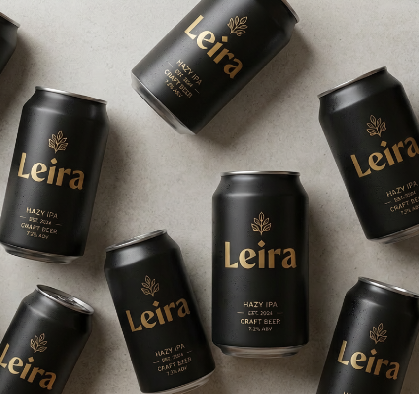 Firefly_Genera un mockup fotorealista de la lata de cerveza ‘Leira’ usando la imagen de logo 359524